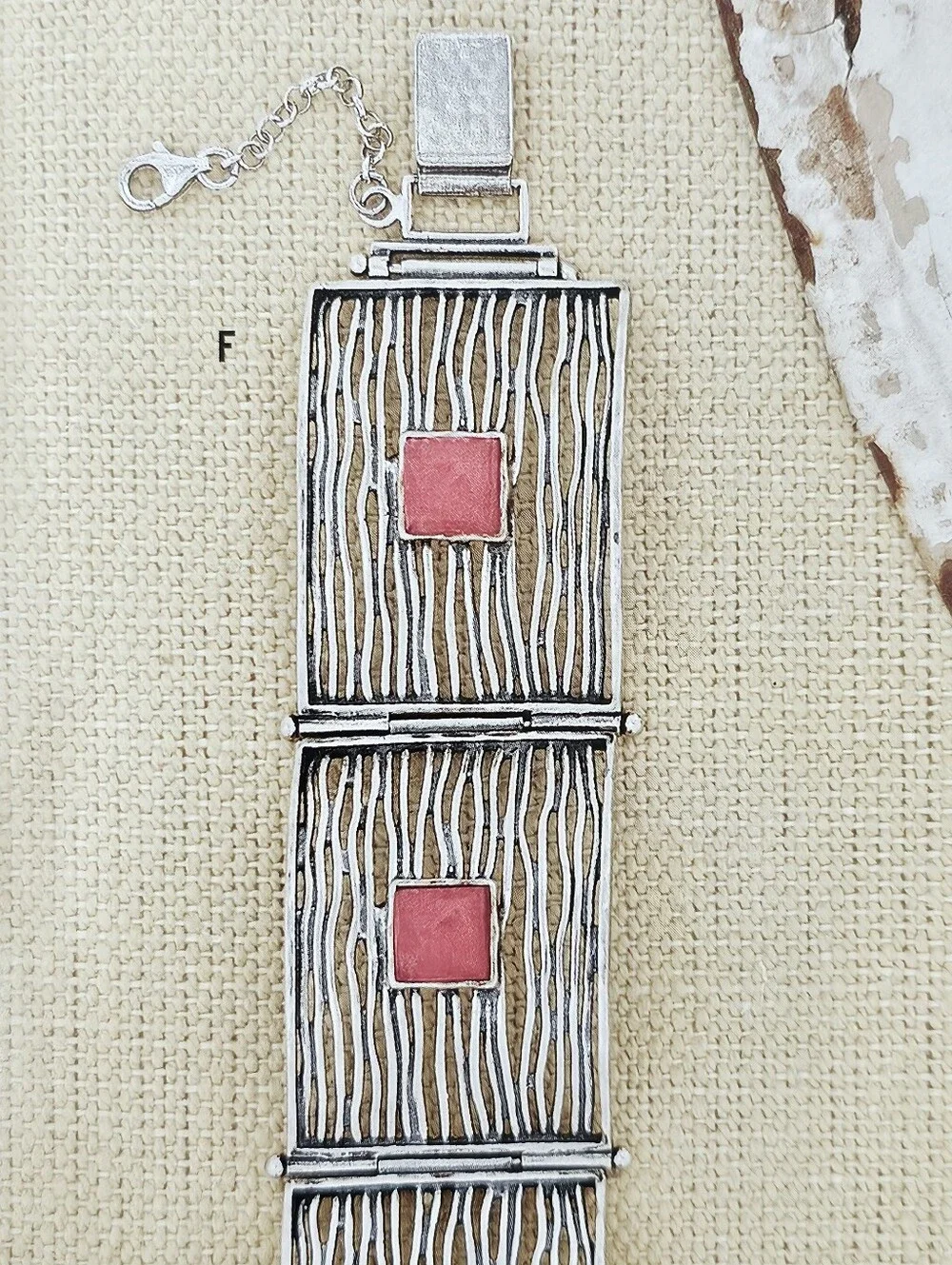 Silpada HTF Sterling Silver Cherry Quartz Square Textured Panel Bracelet B1189